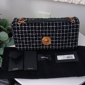 Elegant VERSACE Black & White Tweed/Lamb Leather Quilted Crossbody/Shoulder Bag